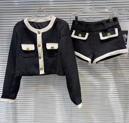 Two-Piece Set with Button-Up Cropped Top and Shorts - Black