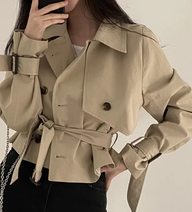 Cropped Trench Coat with Belted Cuffs - Beige