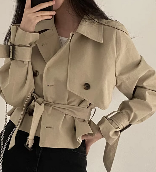 Cropped Trench Coat with Belted Cuffs - Beige