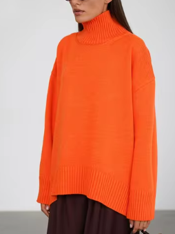 Oversized Turtleneck Sweater with Ribbed Hem - Orange