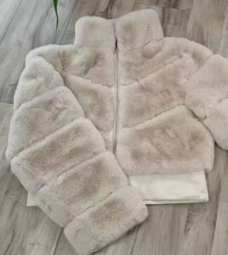 Cropped Fur Coat with Structured Sleeves - Beige