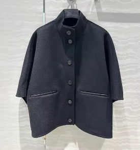 Stand Collar Short-Sleeve Blazer with Leather Pocket Detailing - Black