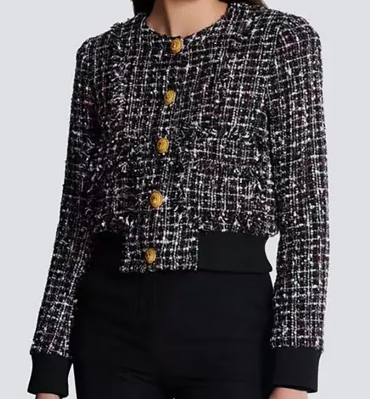Tweed Jacket with Gold-Tone Button Accents - Black