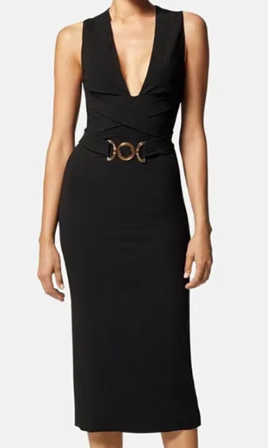 Deep V-Neck Midi Dress with Belt Detail - Black