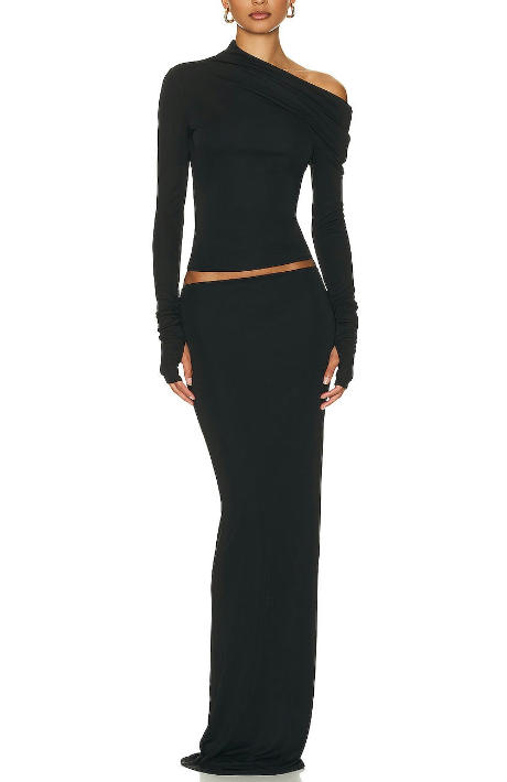 Two-Piece Set with Full Sleeve Skew Top and Maxi Skirt - Black