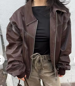 Oversized Leather Jacket - Brown
