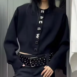 Cropped Sweater Top Metal Detail - Black