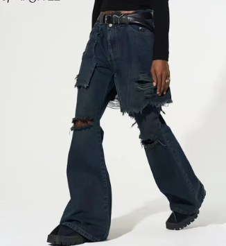 Layered Distressed Flare Jeans - Blue