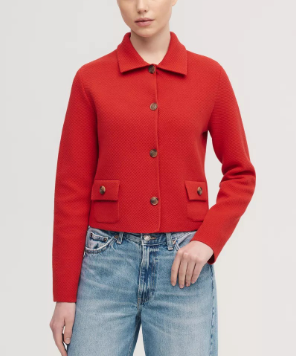 Cropped Knitted Button-Up Jacket - Red