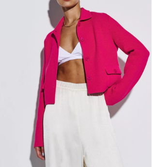 Cropped Knitted Button-Up Jacket - Dark Pink