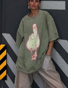 Oversized Distressed T-Shirt with Bold Duck Graphic - Green