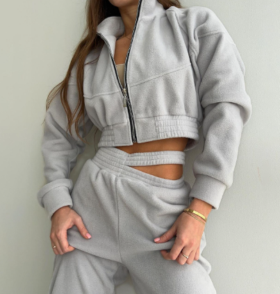 Cropped Zip-Front Sweatshirt and Cut-Out Sweatpants Co-Ord Set - Gray