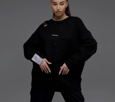 Tattered Oversized Knit Sweater - Black