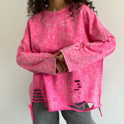 Tattered Long Sleeve Tie-Dye Sweatshirt - Pink