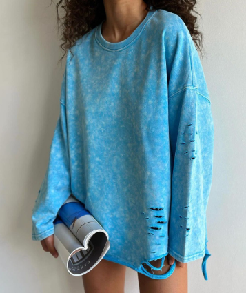 Tattered Long Sleeve Tie-Dye Sweatshirt - Blue