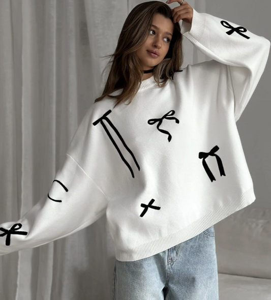 Bow-Embellished Pattern Oversized Sweater - White