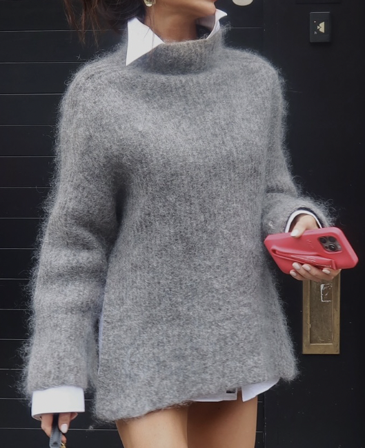 Fuzzy Knit Oversized Sweater with High Neck - Gray