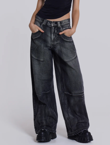 Wide-Leg Jeans with Printed Wing Design - Black