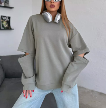 Cut-Out Sleeve Sweatshirt with Text Graphic Back - Green