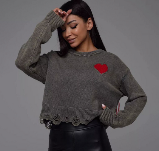 Cropped Tattered Sweater with Heart Detail - Brown