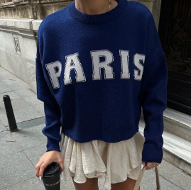 Knitted "Paris" Embossed Sweater - Blue