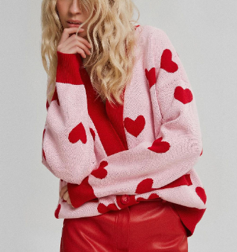 Knitted Heart Pattern Cardigan - Red