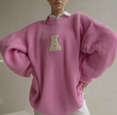 Oversized Ribbed Sweater with Embroidered Detail - Pink
