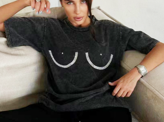 Oversized Rhinestone Embellished Graphic T-Shirt - Dark Gray