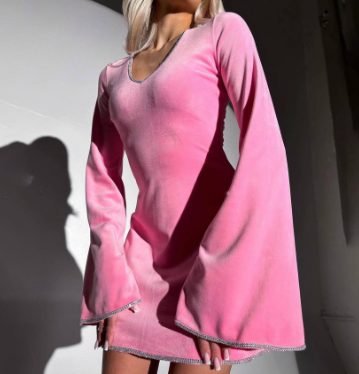 V-Neck Bell Sleeve Velvet Mini Dress with Embellished Hemline - Pink