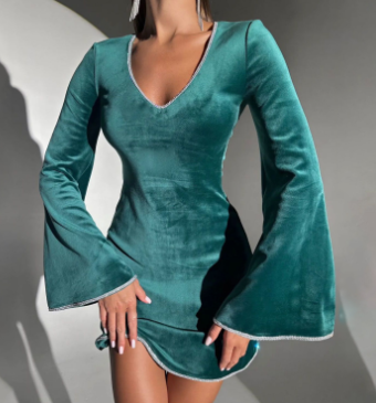 V-Neck Bell Sleeve Velvet Mini Dress with Embellished Hemline - Green