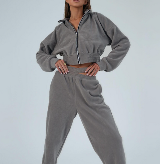 Cropped Zip-Up Jacket and High-Waisted Trousers Two-Piece Set - Dark Gray
