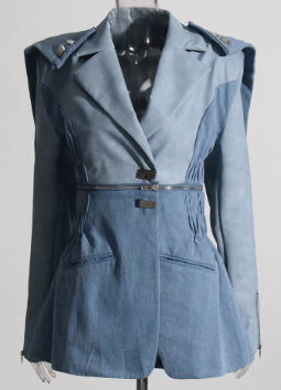 Structured Layered Blazer with Zipper Accent - Light Blue