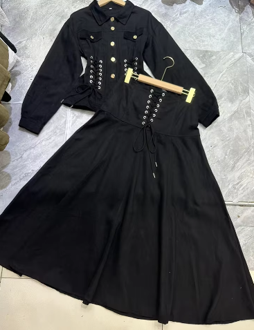 Two-Piece Set with Lace-Up Corset Top and High-Waisted Flared Skirt - Black