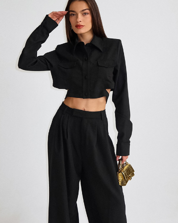 Two-Piece Set with Cropped Button-Up Top and Wide-Leg Trousers - Black