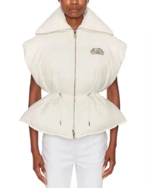 Padded Jacket with Wide Collar and Cinched Waist - White