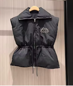Padded Jacket with Wide Collar and Cinched Waist - Black