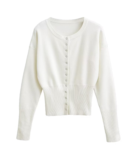 Knitted Cardigan Sweater with Ribbed Waist - White
