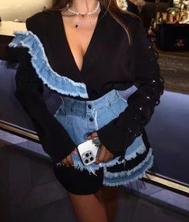 Blazer-Style Mini Dress with Lace Cutout & Denim Belt - Black