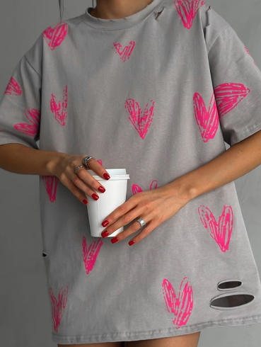 Heart-Print Oversized T-Shirt with Distressed Details - Gray