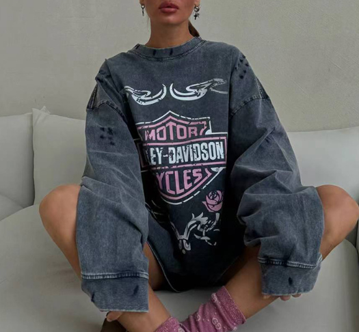 Oversized Graphic Sweatshirt with Distressed Detailing - Gray