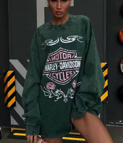 Oversized Graphic Sweatshirt with Distressed Detailing - Green