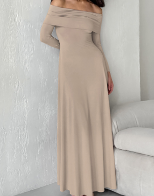 Off-Shoulder Maxi Dress with Fitted Waist - Brown