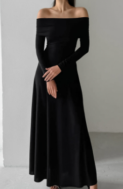Off-Shoulder Maxi Dress with Fitted Waist - Black