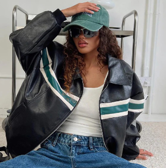 Leather Jacket with Striped Panel Accents - Black