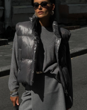 Padded Sleeveless Coat with Quilted Detailing - Gray