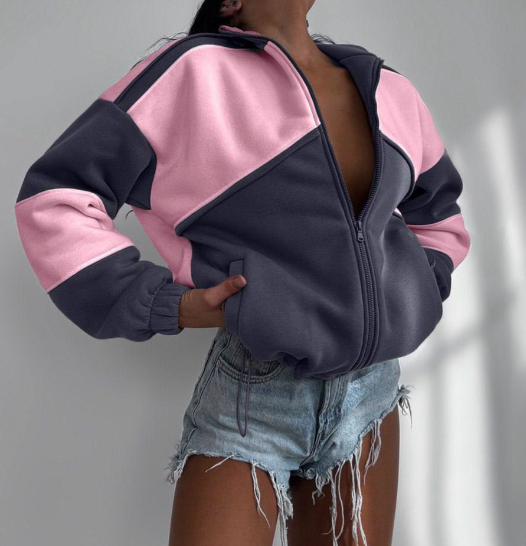 High Neck Jacket with Adjustable Drawstring Hem - Pink