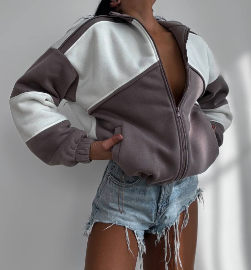 High Neck Jacket with Adjustable Drawstring Hem - Brown