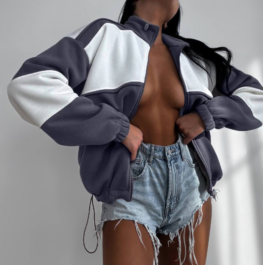 High Neck Jacket with Adjustable Drawstring Hem - Gray