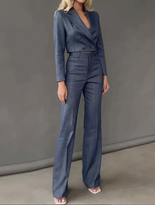 Cropped Double-Breasted Blazer and High-Waist Trouser Co-Ord Set - Blue