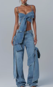 Two-Piece Denim Set with Bow-Tied Crop Top and High-Waisted Wide-Leg Jeans - Blue